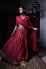Load image into Gallery viewer, Nainika - Hot Pink Chanderi Silk Blouse and Tonal Lehenga Paired with organza silk Dupatta in Handcrafted in Ari-Zardosi Embroidery and Gota Appliques
