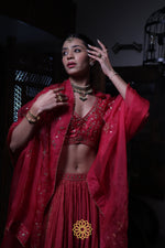 Load image into Gallery viewer, Nainika - Hot Pink Chanderi Silk Blouse and Tonal Lehenga Paired with organza silk Dupatta in Handcrafted in Ari-Zardosi Embroidery and Gota Appliques
