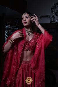 Nainika - Hot Pink Chanderi Silk Blouse and Tonal Lehenga Paired with organza silk Dupatta in Handcrafted in Ari-Zardosi Embroidery and Gota Appliques