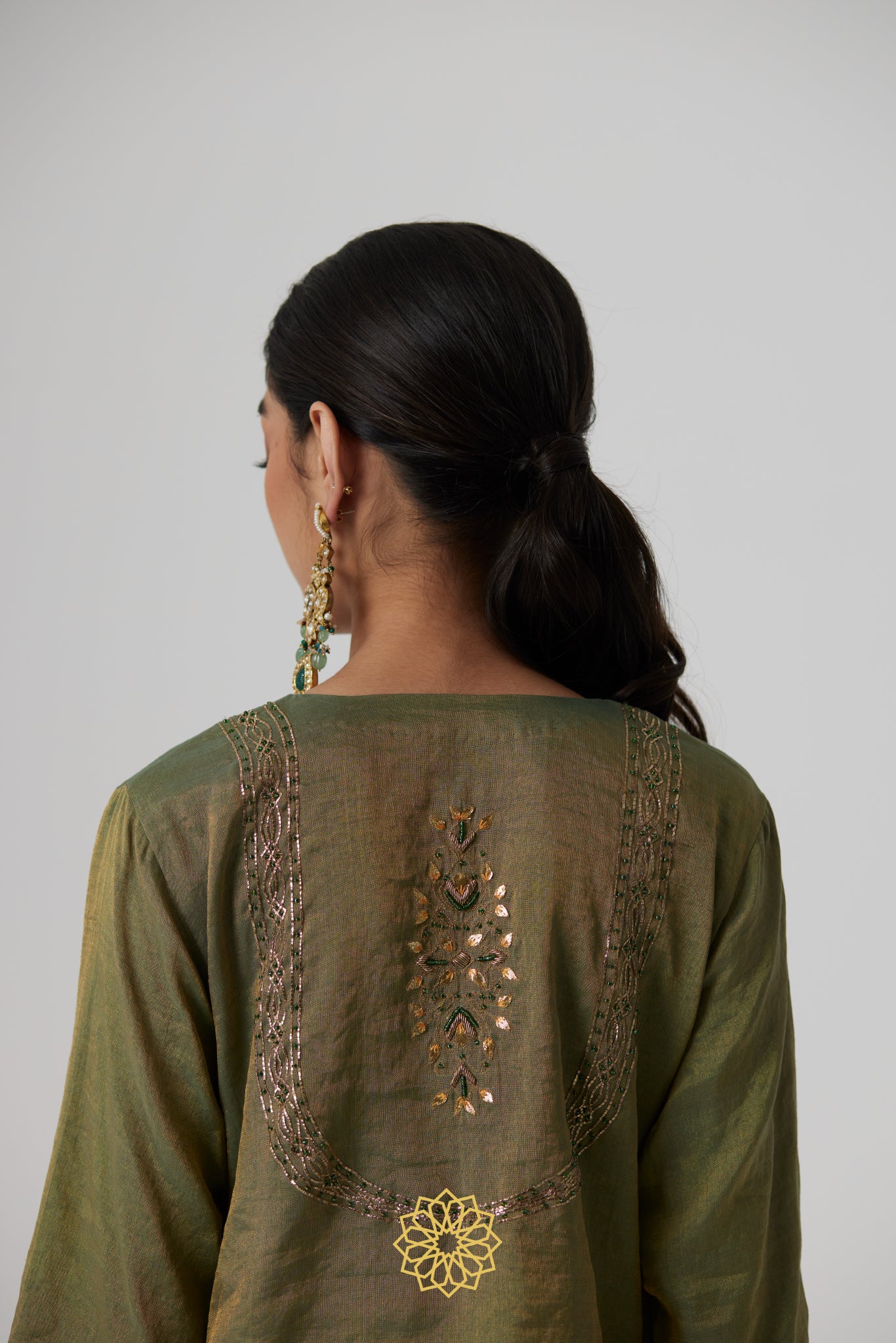 Nirja - Sage green banarasi silk handcrafted tissue kurta with banarasi silk tissue sharara