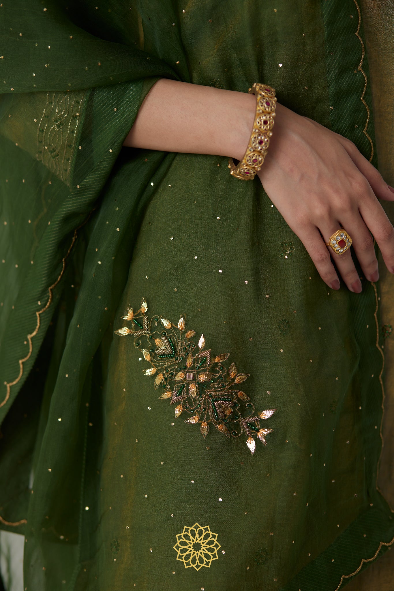 Nirja - Sage green banarasi silk handcrafted tissue kurta with banarasi silk tissue sharara