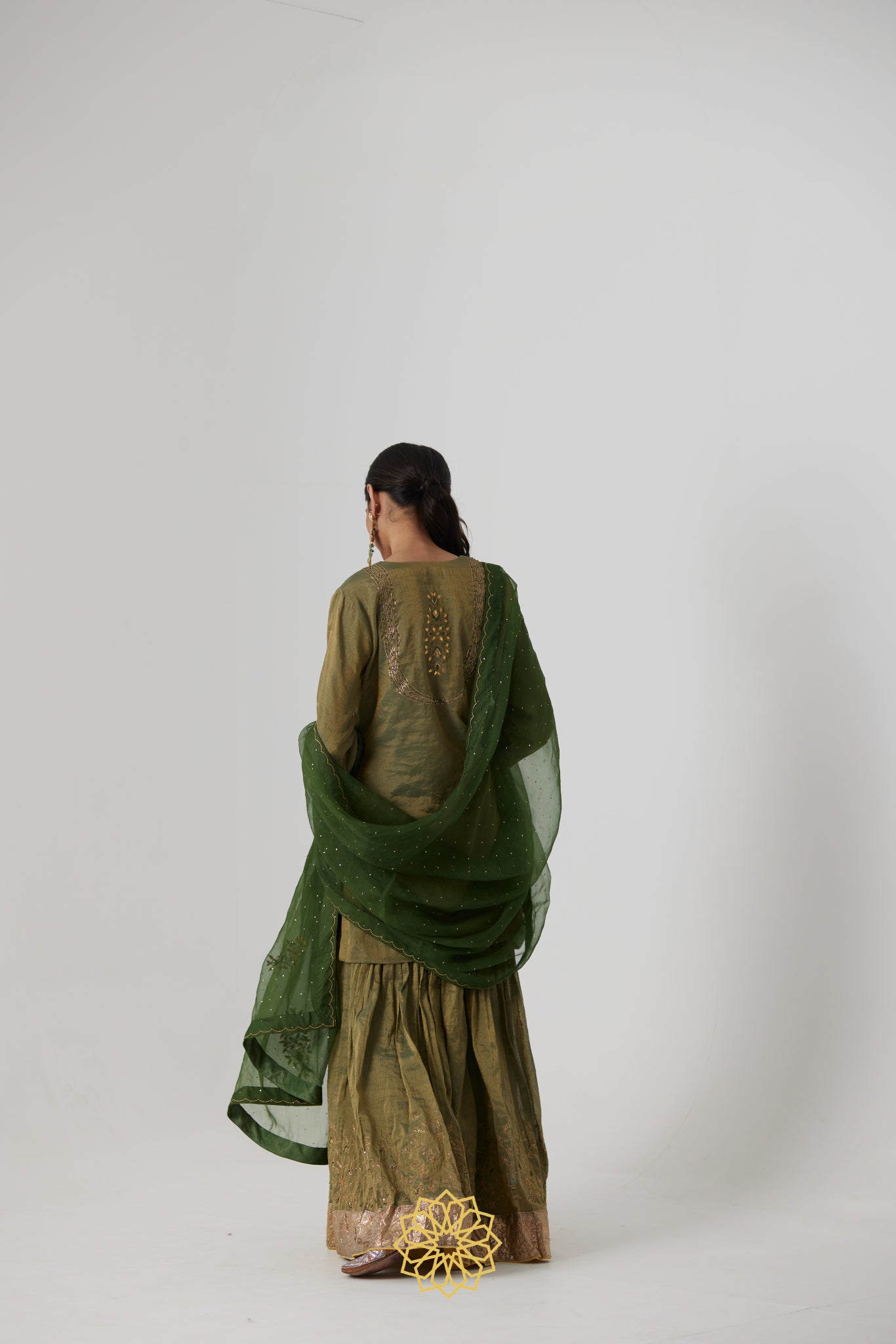 Nirja - Sage green banarasi silk handcrafted tissue kurta with banarasi silk tissue sharara
