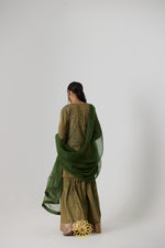Load image into Gallery viewer, Nirja - Sage green banarasi silk handcrafted tissue kurta with banarasi silk tissue sharara
