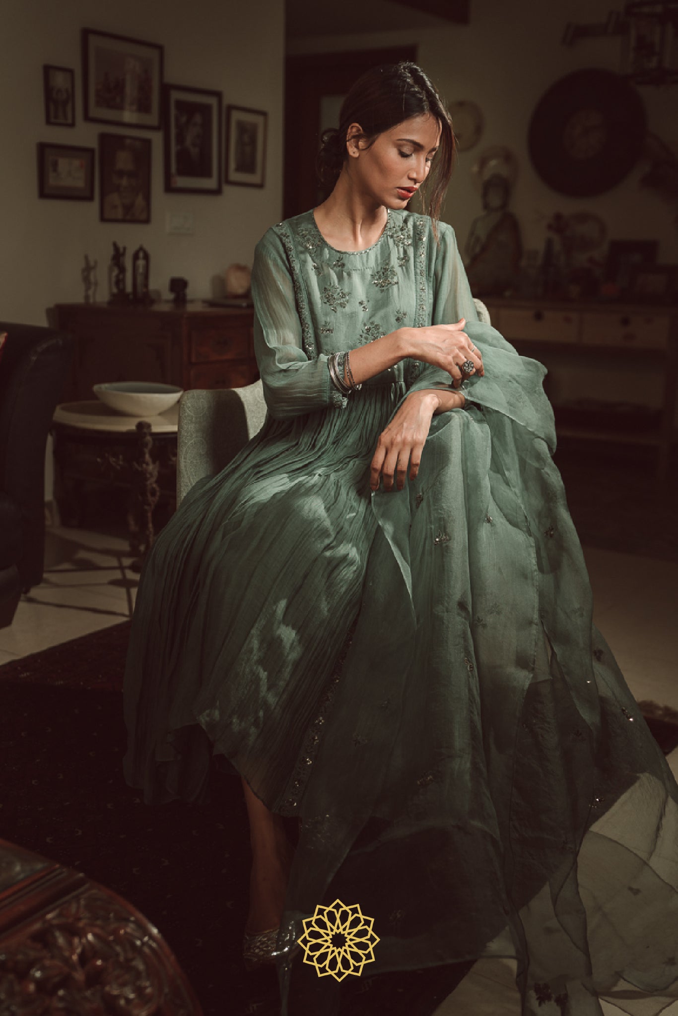 PERSIAN GREEN EMBROIDERED CHANDERI ANARKALI SET