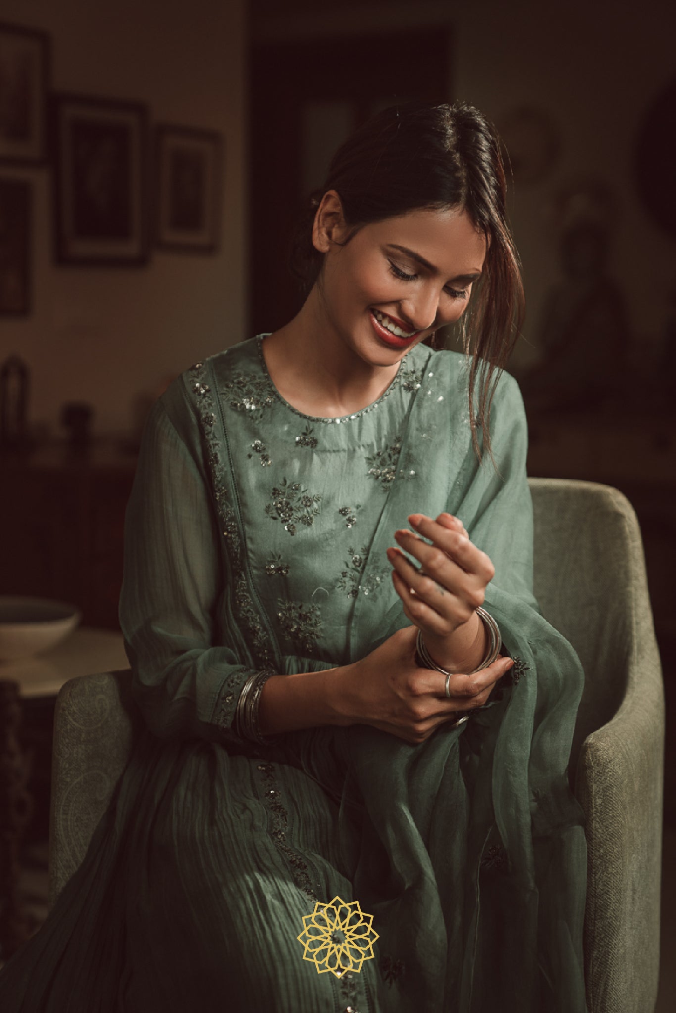 PERSIAN GREEN EMBROIDERED CHANDERI ANARKALI SET