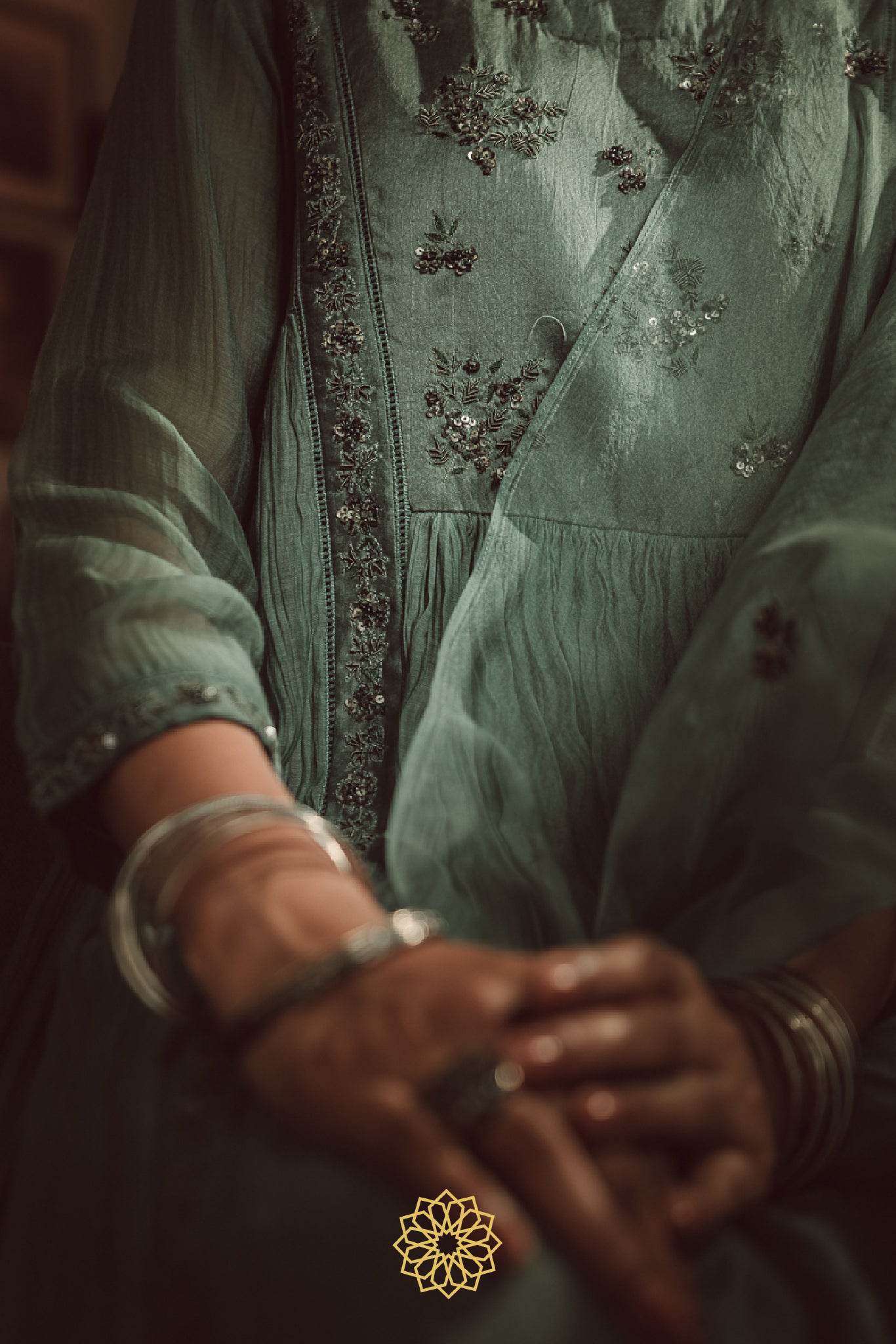 PERSIAN GREEN EMBROIDERED CHANDERI ANARKALI SET