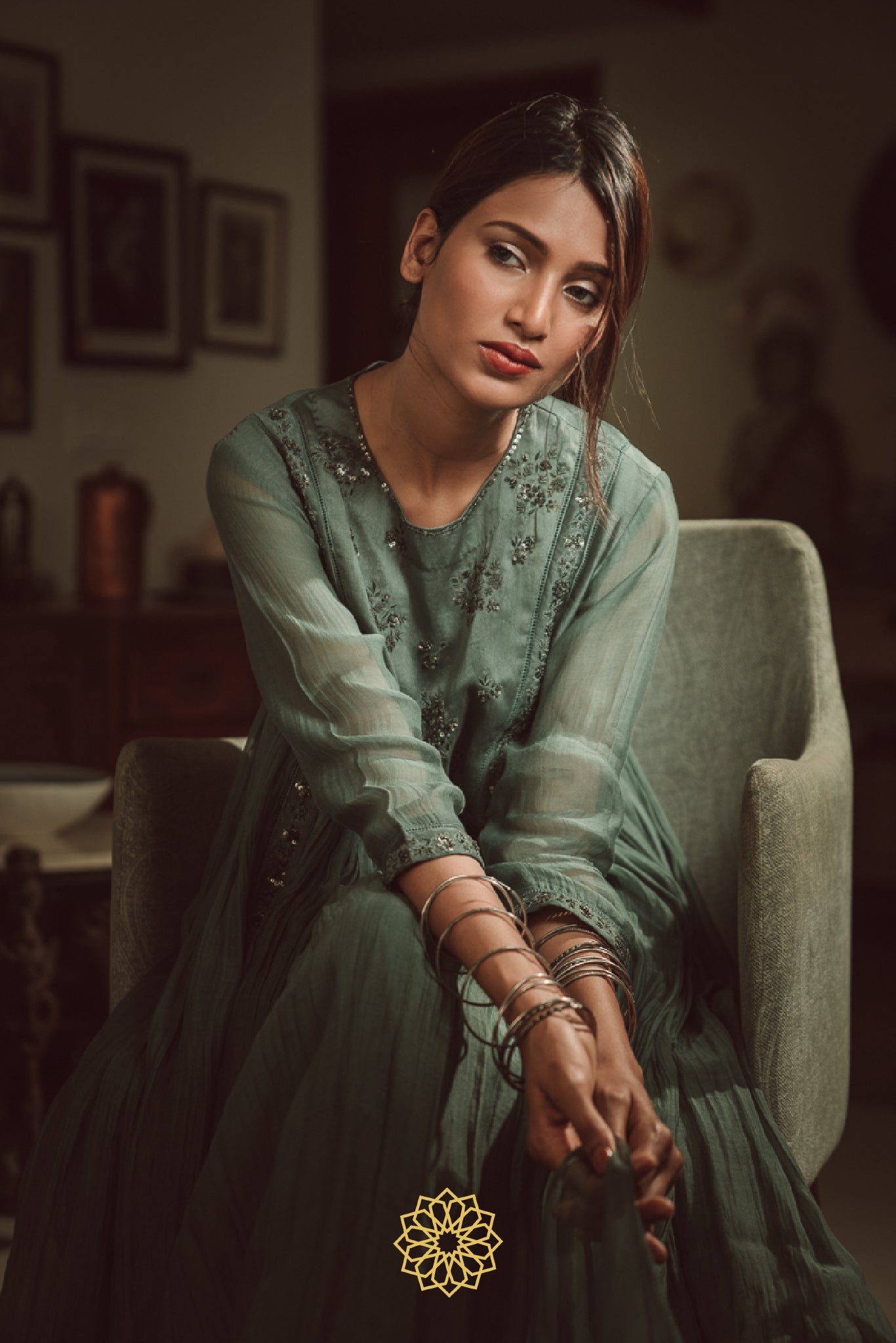 PERSIAN GREEN EMBROIDERED CHANDERI ANARKALI SET