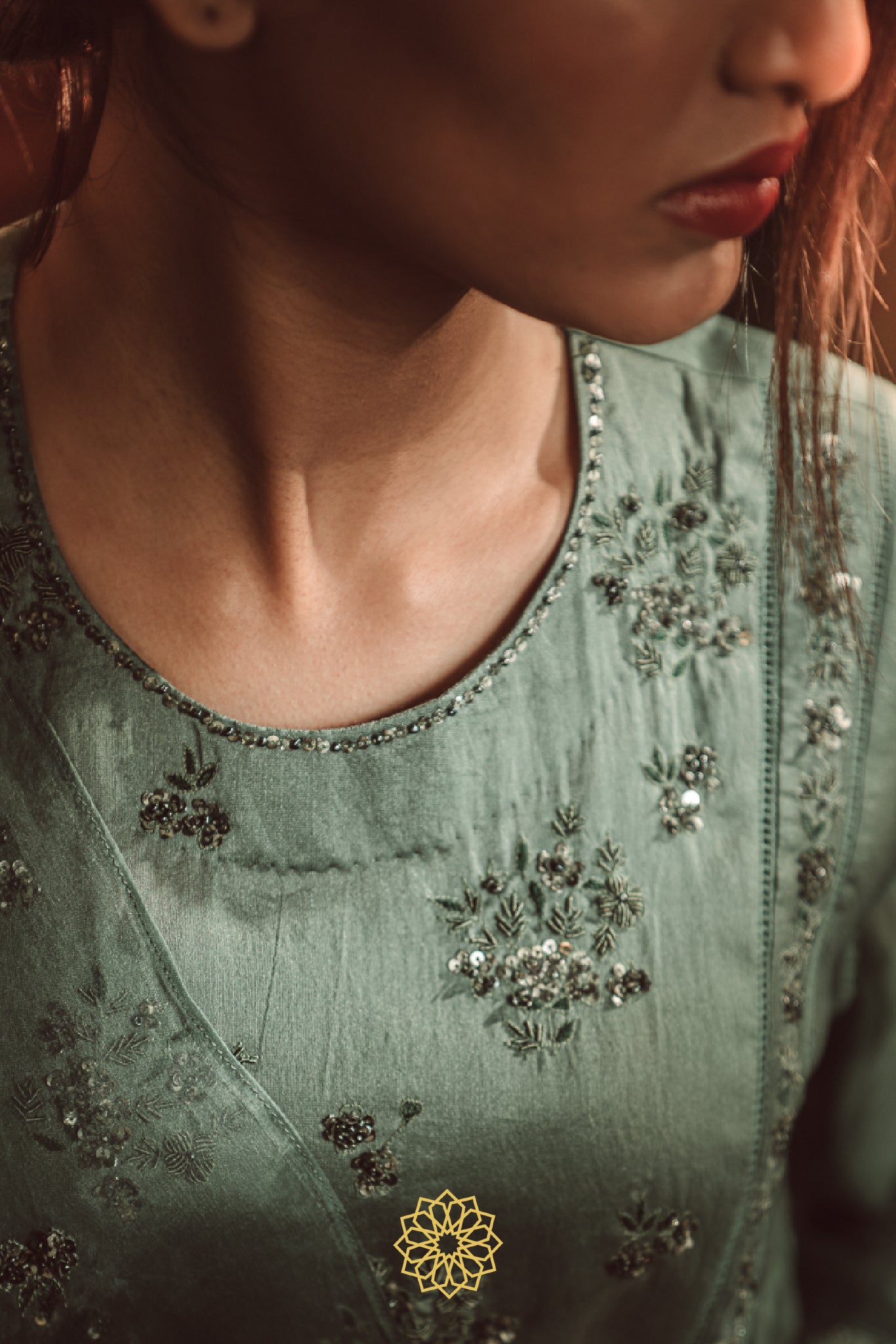 PERSIAN GREEN EMBROIDERED CHANDERI ANARKALI SET