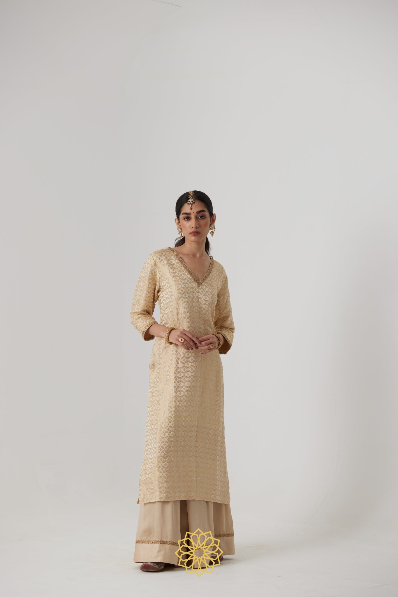 Prisha - Pearl mashru handcrafted and silk brocade kurta with pearl satin silk sharara