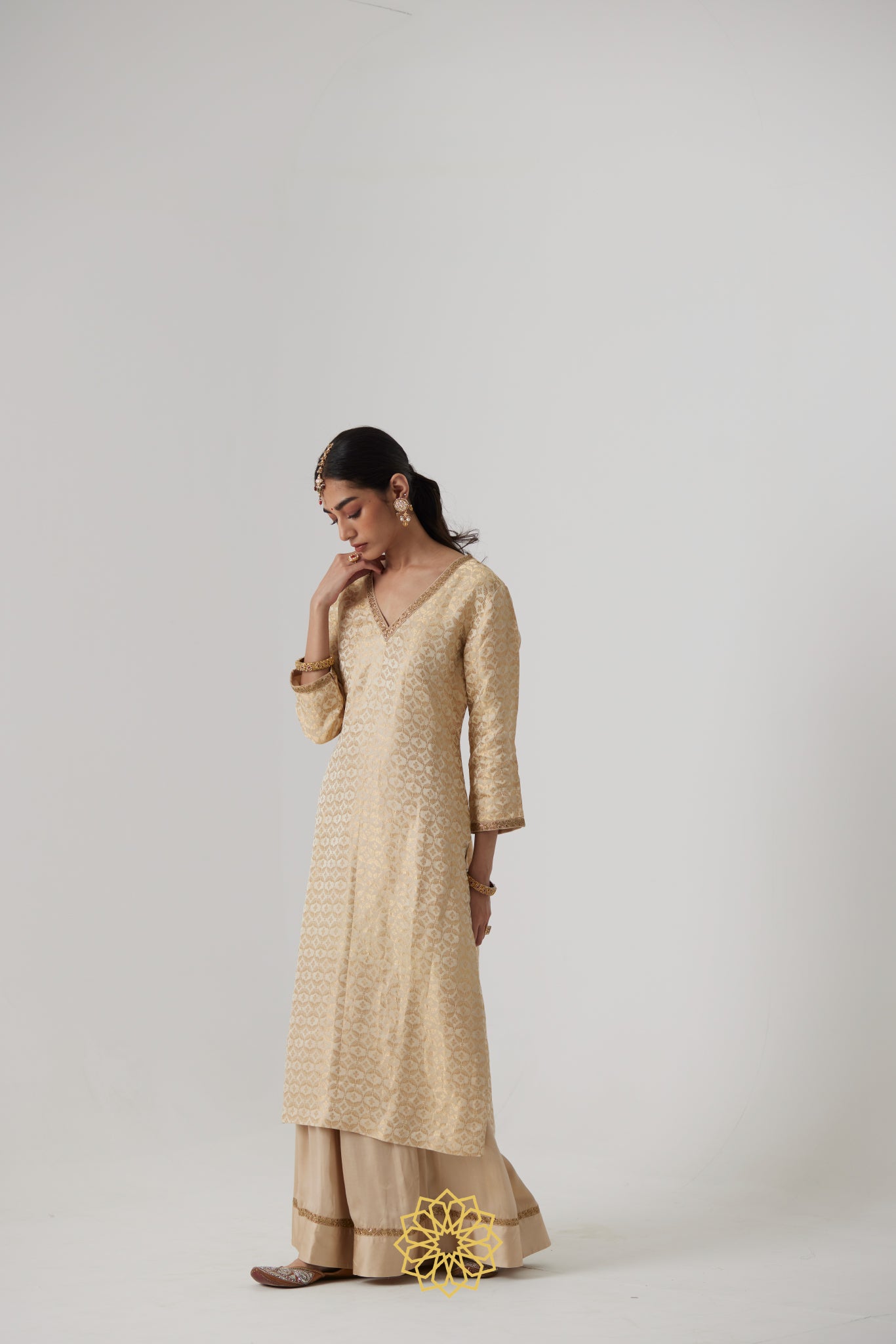 Prisha - Pearl mashru handcrafted and silk brocade kurta with pearl satin silk sharara