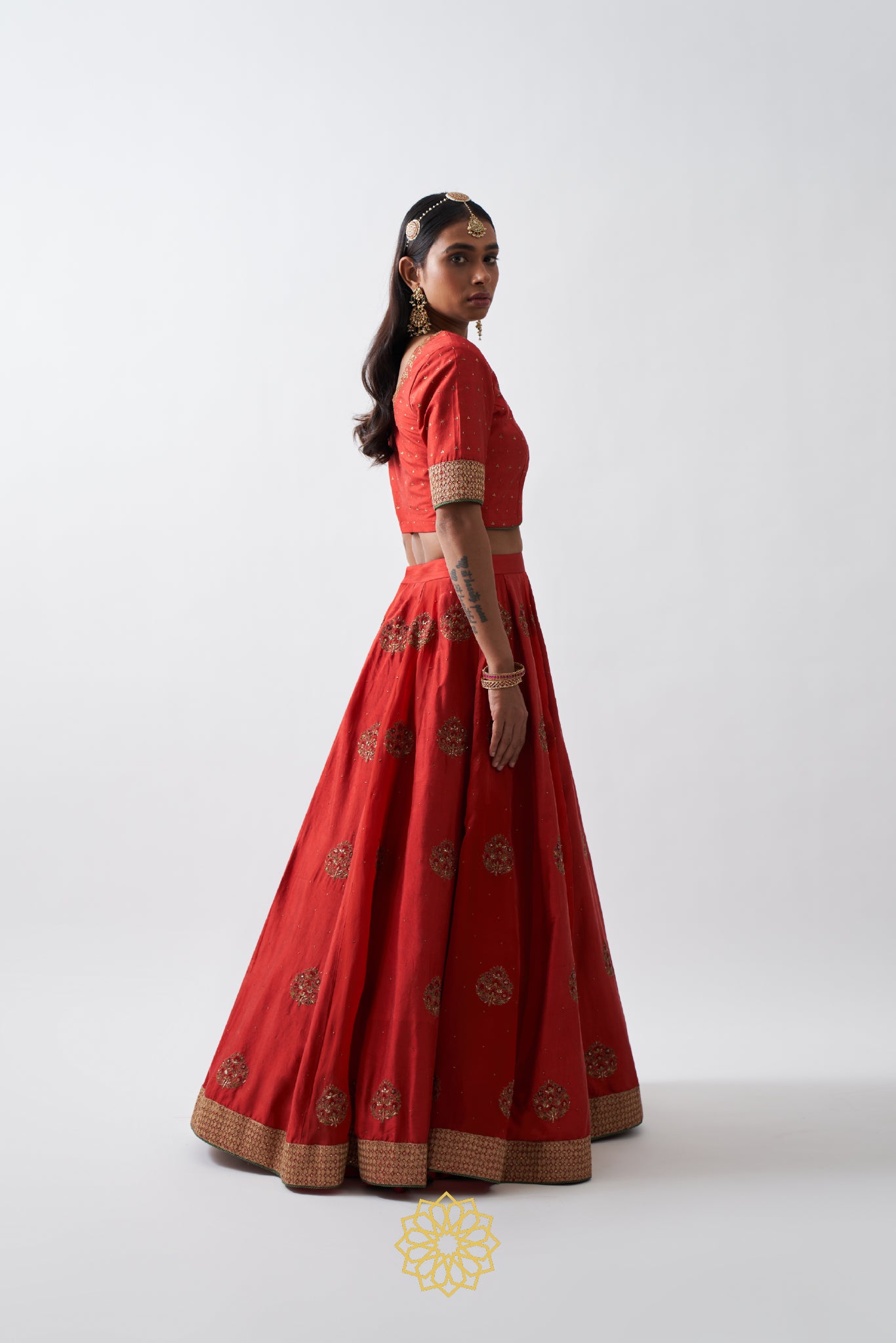 RATI DEEP RED EMBROIDERED SILK AND ORGANZA LEHENGA