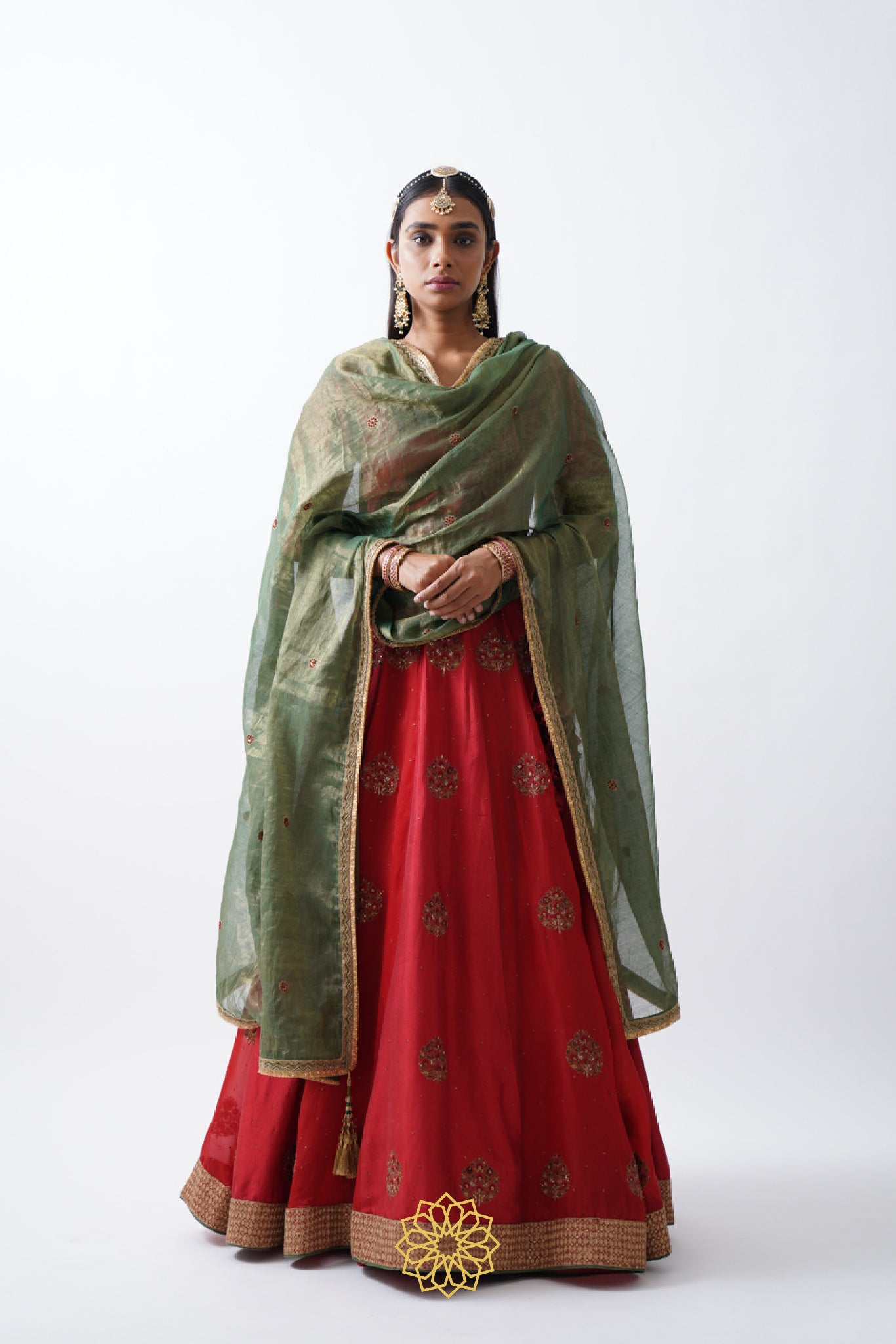 RATI DEEP RED EMBROIDERED SILK AND ORGANZA LEHENGA