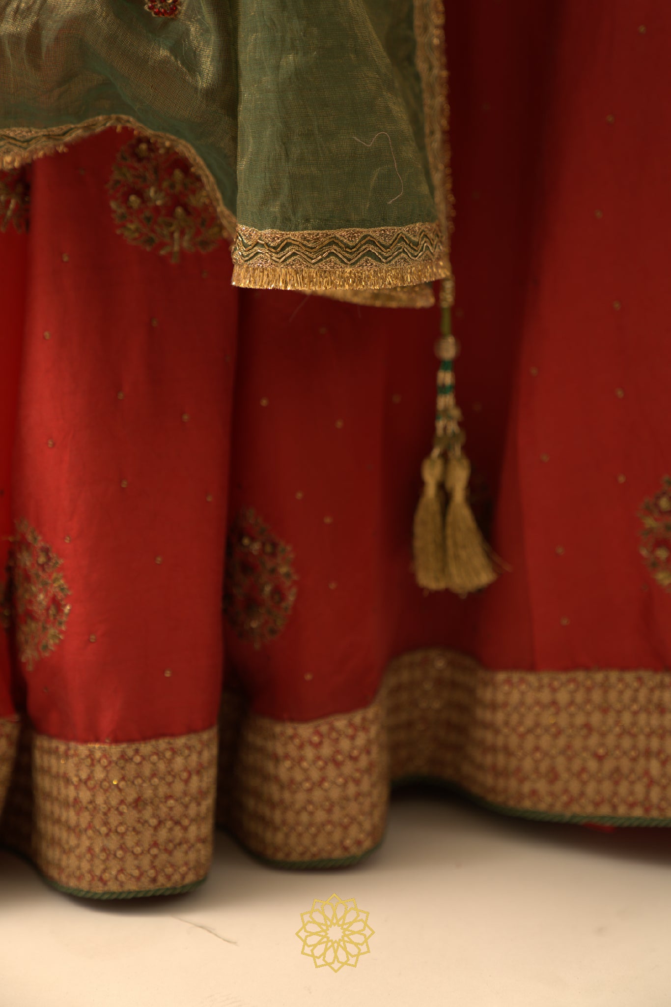 RATI DEEP RED EMBROIDERED SILK AND ORGANZA LEHENGA