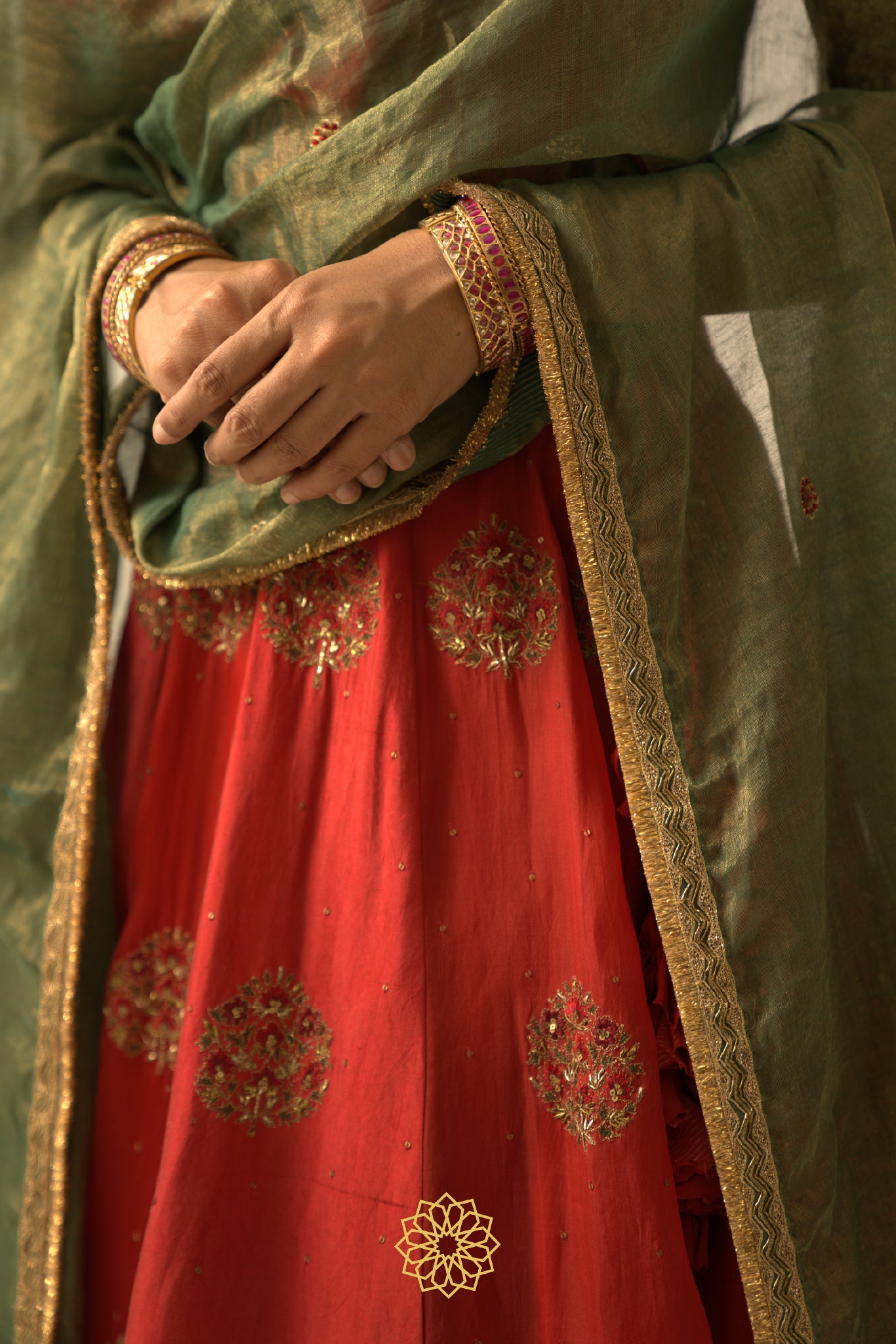 RATI DEEP RED EMBROIDERED SILK AND ORGANZA LEHENGA