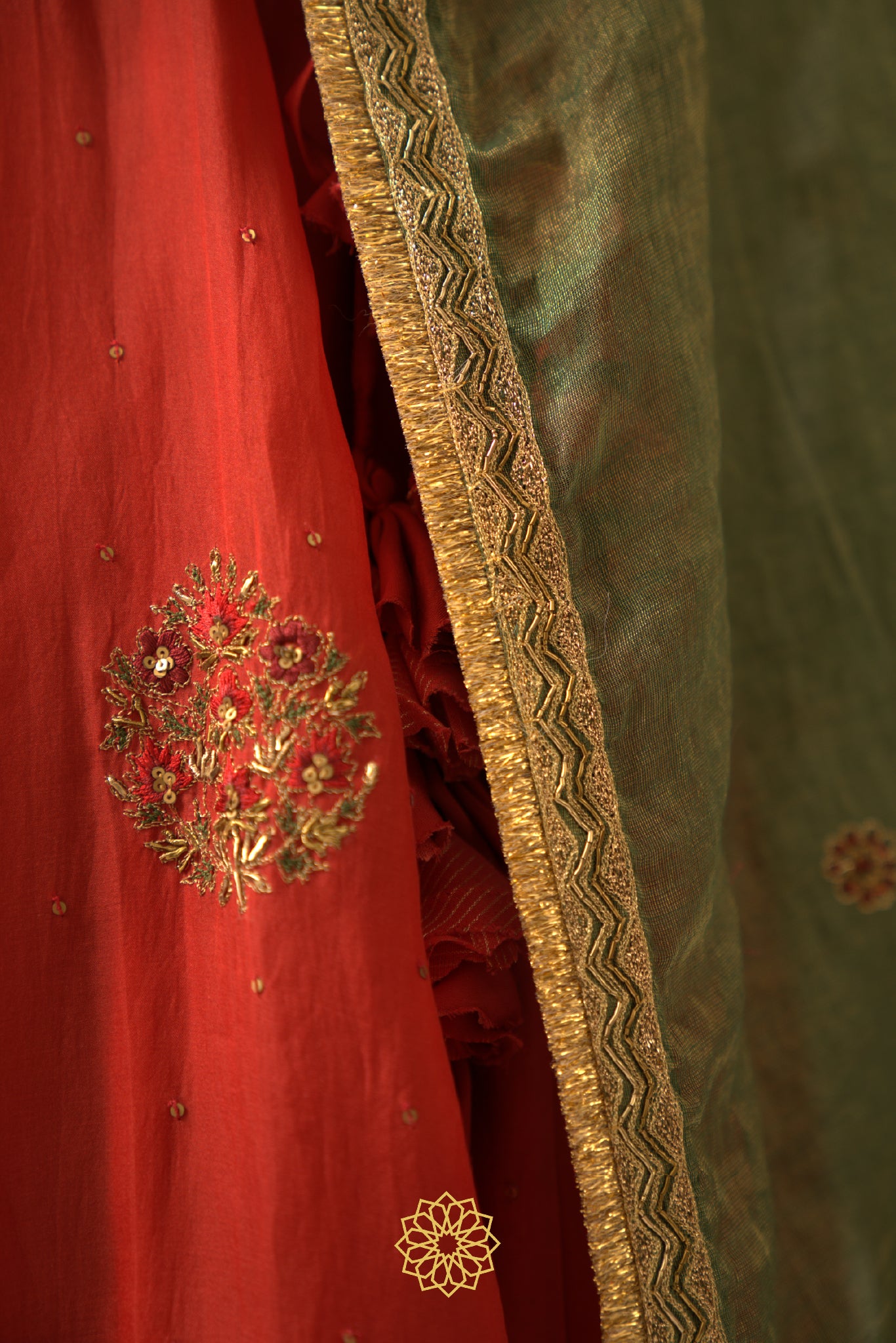 RATI DEEP RED EMBROIDERED SILK AND ORGANZA LEHENGA