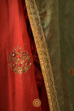 Load image into Gallery viewer, RATI DEEP RED EMBROIDERED SILK AND ORGANZA LEHENGA
