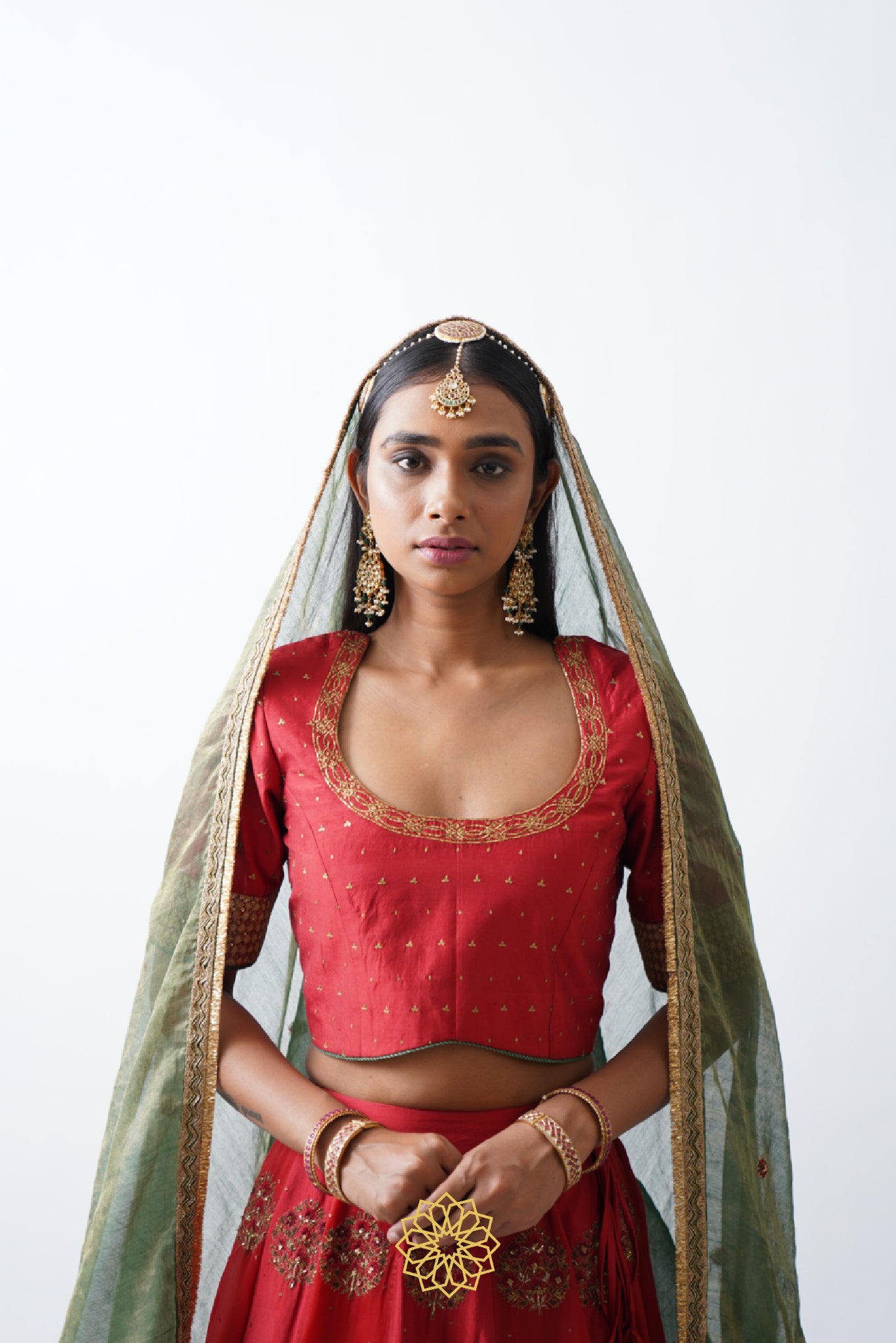 RATI DEEP RED EMBROIDERED SILK AND ORGANZA LEHENGA