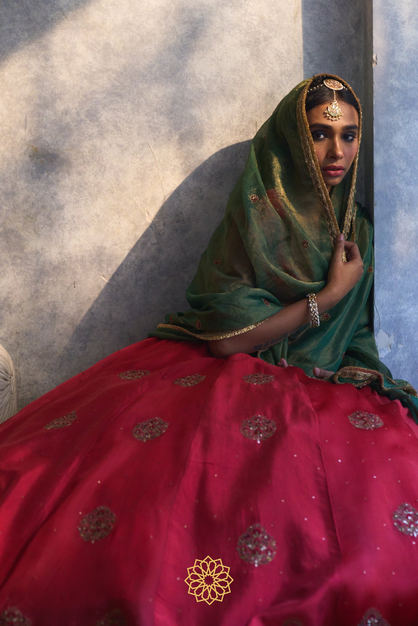RATI DEEP RED EMBROIDERED SILK AND ORGANZA LEHENGA