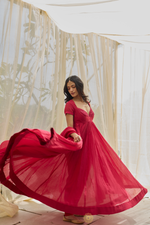 Load image into Gallery viewer, AAFREEN - Red-Pink Mul Chanderi Anarkali, Tonal Pants with Kota Silk Dupatta
