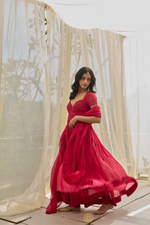 Load image into Gallery viewer, AAFREEN - Red-Pink Mul Chanderi Anarkali, Tonal Pants with Kota Silk Dupatta
