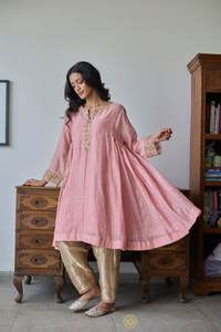 AARZO - Soft Pink Mukaish Mul Chanderi Kalidar Kurta & Tissue Pant with Tonal Dupatta