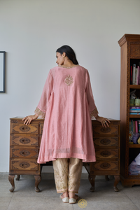 AARZO - Soft Pink Mukaish Mul Chanderi Kalidar Kurta & Tissue Pant with Tonal Dupatta