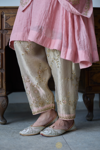 AARZO - Soft Pink Mukaish Mul Chanderi Kalidar Kurta & Tissue Pant with Tonal Dupatta