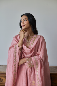 AARZO - Soft Pink Mukaish Mul Chanderi Kalidar Kurta & Tissue Pant with Tonal Dupatta