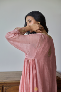 AARZO - Soft Pink Mukaish Mul Chanderi Kalidar Kurta & Tissue Pant with Tonal Dupatta