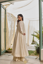 Load image into Gallery viewer, CHAHAT - Moon White Chanderi Anarkali, Tonal Sharara, Embroidered Gold Ari &amp; Zardosi Blouse
