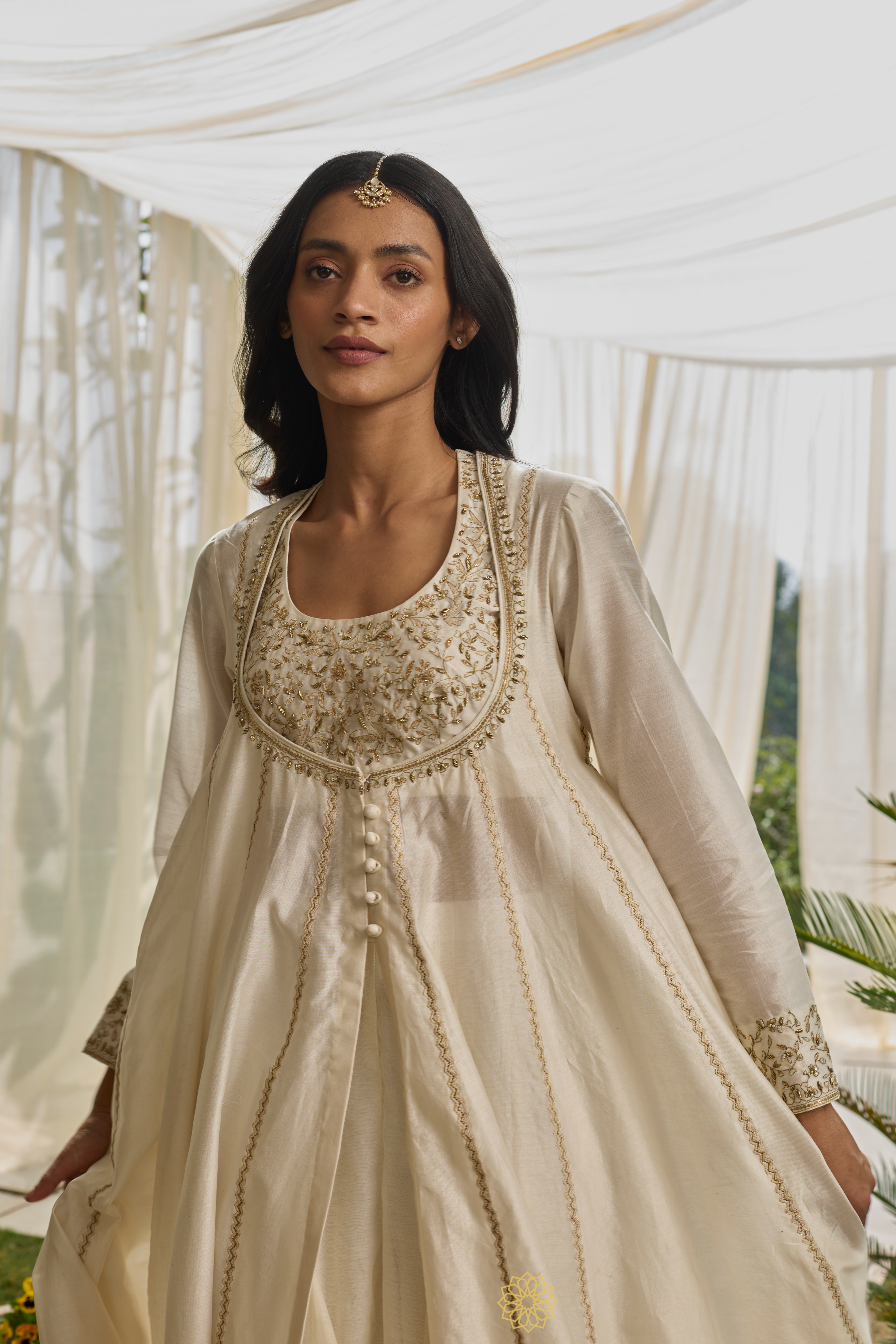 CHAHAT - Moon White Chanderi Anarkali, Tonal Sharara, Embroidered Gold Ari & Zardosi Blouse