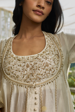 Load image into Gallery viewer, CHAHAT - Moon White Chanderi Anarkali, Tonal Sharara, Embroidered Gold Ari &amp; Zardosi Blouse
