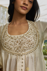 CHAHAT - Moon White Chanderi Anarkali, Tonal Sharara, Embroidered Gold Ari & Zardosi Blouse