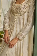 Load image into Gallery viewer, CHAHAT - Moon White Chanderi Anarkali, Tonal Sharara, Embroidered Gold Ari &amp; Zardosi Blouse
