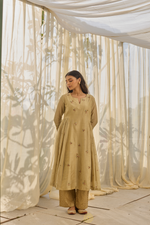 Load image into Gallery viewer, EHSA - Almond Green Chanderi Anarkali, Tonal Pants with Dual-Shade Kota Dupatta
