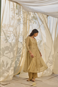 EHSA - Almond Green Chanderi Anarkali, Tonal Pants with Dual-Shade Kota Dupatta