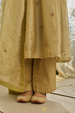 Load image into Gallery viewer, EHSA - Almond Green Chanderi Anarkali, Tonal Pants with Dual-Shade Kota Dupatta
