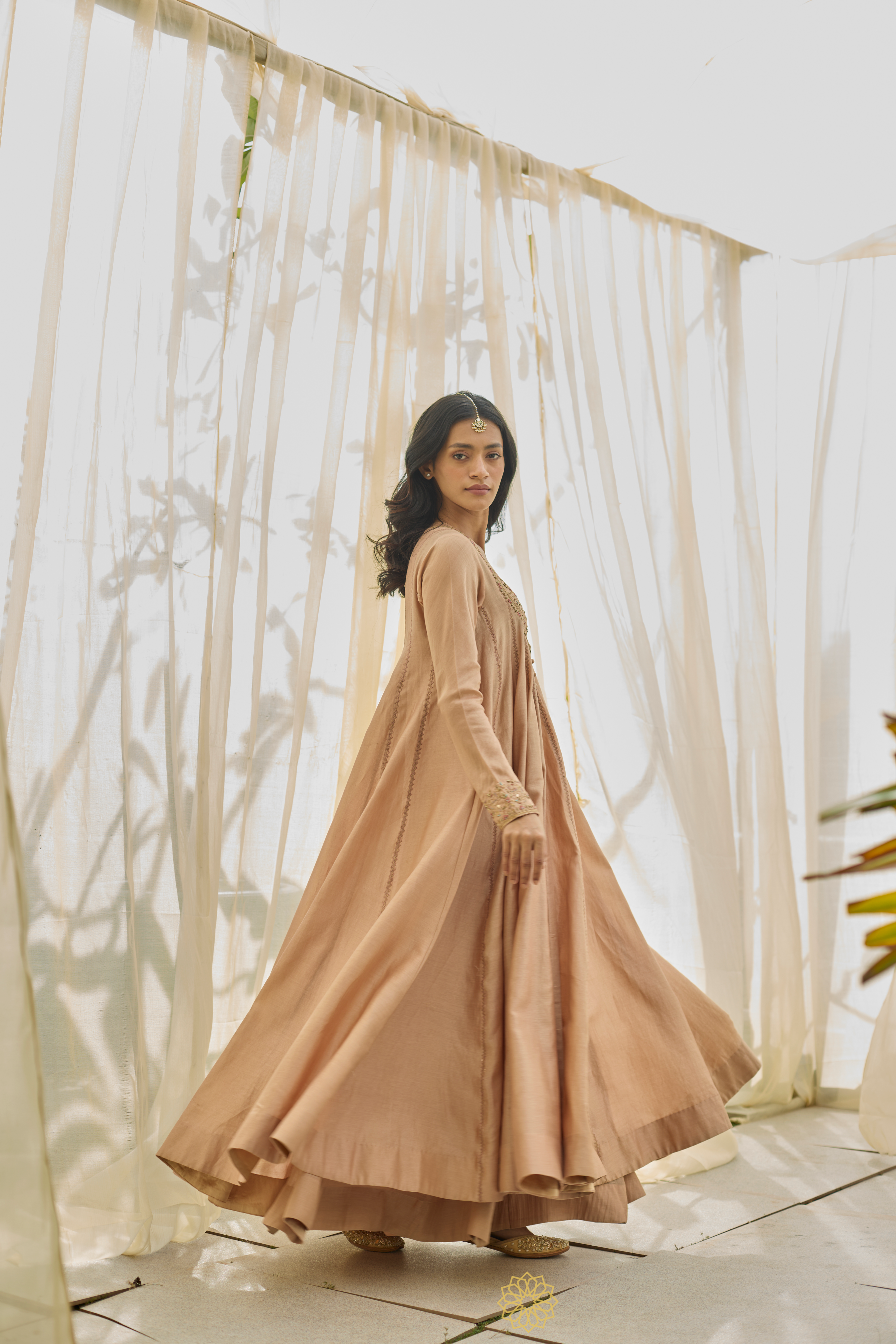 EKAYA - Soft Salmon Pink Chanderi Anarkali, Tonal Sharara, Embroidered Gold Ari & Zardosi Blouse
