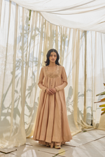 Load image into Gallery viewer, EKAYA - Soft Salmon Pink Chanderi Anarkali, Tonal Sharara, Embroidered Gold Ari &amp; Zardosi Blouse
