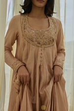 Load image into Gallery viewer, EKAYA - Soft Salmon Pink Chanderi Anarkali, Tonal Sharara, Embroidered Gold Ari &amp; Zardosi Blouse
