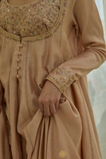 Load image into Gallery viewer, EKAYA - Soft Salmon Pink Chanderi Anarkali, Tonal Sharara, Embroidered Gold Ari &amp; Zardosi Blouse
