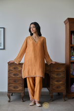 Load image into Gallery viewer, IRAYA - Mustard Orange Crushed Chanderi Tissue Kurta, Tonal Salwar with Embroidered Tissue Chanderi Dupatta
