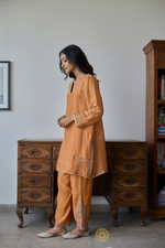 Load image into Gallery viewer, IRAYA - Mustard Orange Crushed Chanderi Tissue Kurta, Tonal Salwar with Embroidered Tissue Chanderi Dupatta
