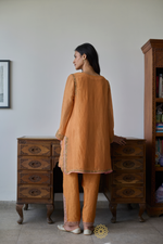 Load image into Gallery viewer, IRAYA - Mustard Orange Crushed Chanderi Tissue Kurta, Tonal Salwar with Embroidered Tissue Chanderi Dupatta
