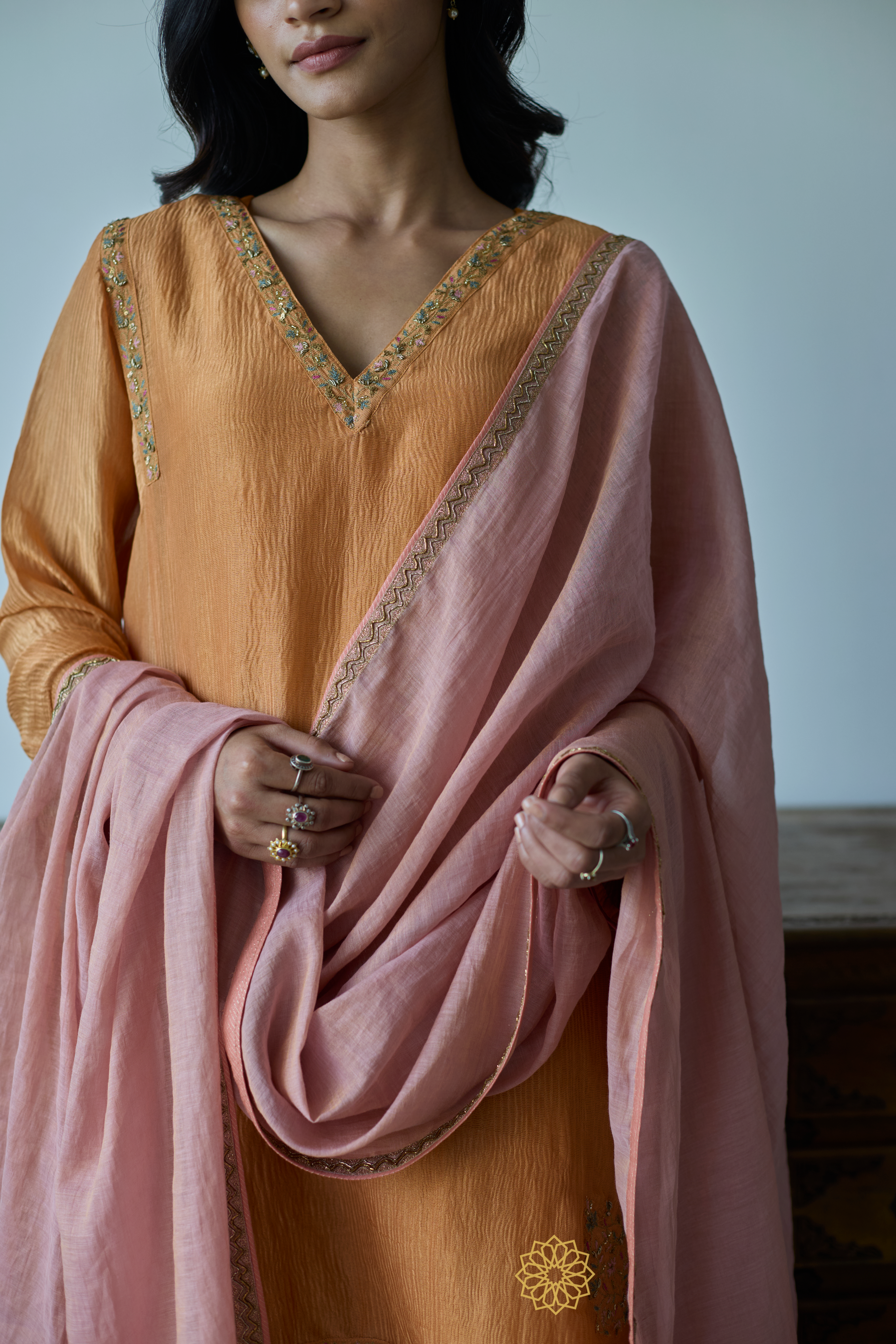 IRAYA - Mustard Orange Crushed Chanderi Tissue Kurta, Tonal Salwar with Embroidered Tissue Chanderi Dupatta