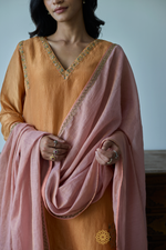 Load image into Gallery viewer, IRAYA - Mustard Orange Crushed Chanderi Tissue Kurta, Tonal Salwar with Embroidered Tissue Chanderi Dupatta
