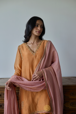 Load image into Gallery viewer, IRAYA - Mustard Orange Crushed Chanderi Tissue Kurta, Tonal Salwar with Embroidered Tissue Chanderi Dupatta
