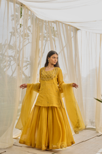 Load image into Gallery viewer, KIRAN - Mustard Yellow Tissue Chanderi Blouse &amp; Kurta, Tonal Mul Chanderi Sharara with Scalloped Organza Dupatta
