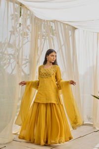 KIRAN - Mustard Yellow Tissue Chanderi Blouse & Kurta, Tonal Mul Chanderi Sharara with Scalloped Organza Dupatta