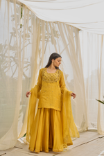 Load image into Gallery viewer, KIRAN - Mustard Yellow Tissue Chanderi Blouse &amp; Kurta, Tonal Mul Chanderi Sharara with Scalloped Organza Dupatta
